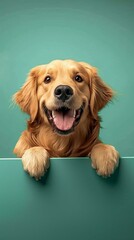 Cheerful retriever peeking from teal banner, set against pastel green backdrop
