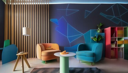 Deep coloured design of living room, interior concept of memphis design, 3d render