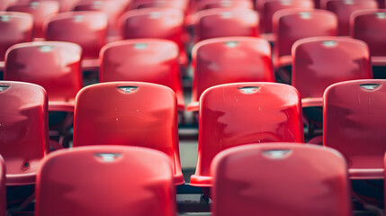 Naklejka premium Empty vacant small stadium seats outdoors bleachers nobody no people cancelled sports event nobody present at a sport show simple abstract concept Chair rows up close copy space side v : Generative AI