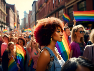 Fototapeta premium Portrait of a beautiful young woman with colorful lgbt flag in the crowd in the city, pride month concept 