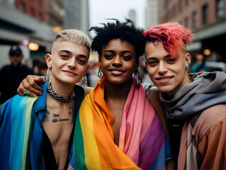 Obraz premium Portrait of a happy young people with colorful lgbt flag in the crowd in the city, pride month concept 