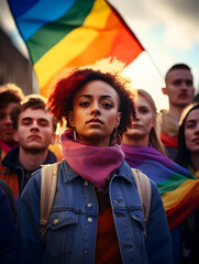 Fototapeta premium Portrait of a woman with colorful lgbt flag in the crowd in the city, pride month concept 