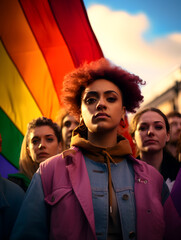 Fototapeta premium Portrait of a woman with colorful lgbt flag in the crowd in the city, pride month concept 