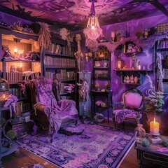 Spooky Halloween Living Room Candles, Falling Glitter, Purple Loveseat Sofa, a mesmerizing display of Halloween decor that transforms an ordinary living room into a haunted haven.
