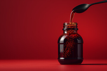 A bottle of prescription syrup with a dosing spoon resting beside it on a uniform background, used for accurate administration of pediatric medication.  Generative Ai.