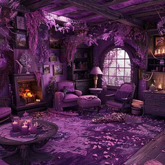 Spooky Halloween Living Room Candles, Falling Glitter, Purple Loveseat Sofa, an atmospheric image that perfectly encapsulates the spooky yet festive vibe