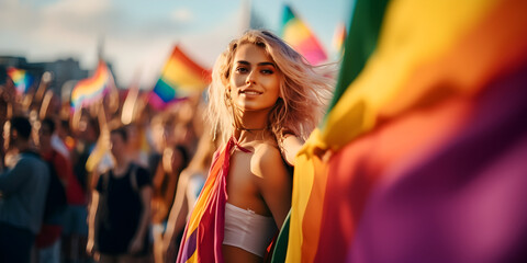 Close up portrait of a beautiful young woman, blurry background with colorful lgbt flags and crowd people 
