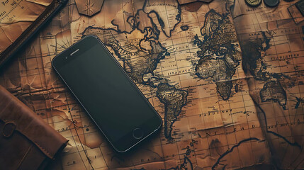 The image shows a smartphone on the background of the old world map.