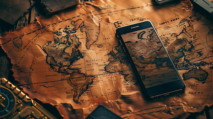 The image shows an old world map with a compass and a smartphone on it.