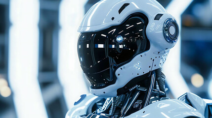 Fototapeta premium The robot is wearing a white helmet with a black visor. It has a metal body and blue lights on its shoulders. The background is blurred.