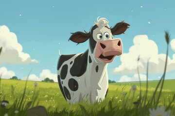 Cheerful animated cow standing in a green field with a bright, clear sky background