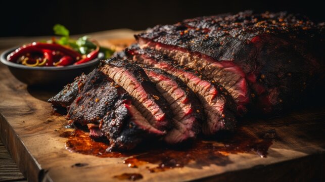 A perfectly smoked beef brisket sliced and presented on a wooden board, displaying the charred crust and juicy inside