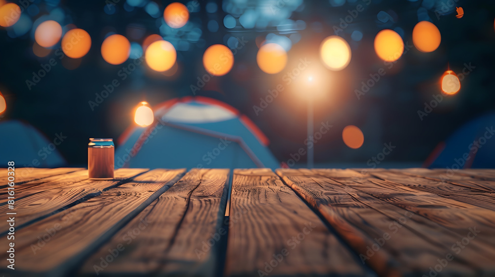 Poster wooden table top on blur tent camping travel tent at nightdrink and party conceptfor montage product
