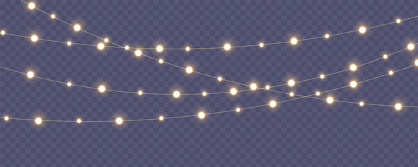 Christmas lights isolated. Glowing garlands on transparent dark background. Realistic luminous elements. Bright light bulbs for poster, card, brochure or web. Vector illustration