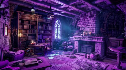 Spooky Halloween Living Room Candles, Falling Glitter, Purple Loveseat Sofa. The room is bathed in an otherworldly glow, creating a surreal and ghostly atmosphere