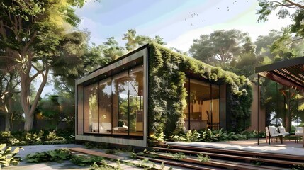 Fototapeta premium Adapting Existing Structures for Modern Sustainable Living:An Innovative Glass and Wood Eco-Friendly Design Blending with Nature