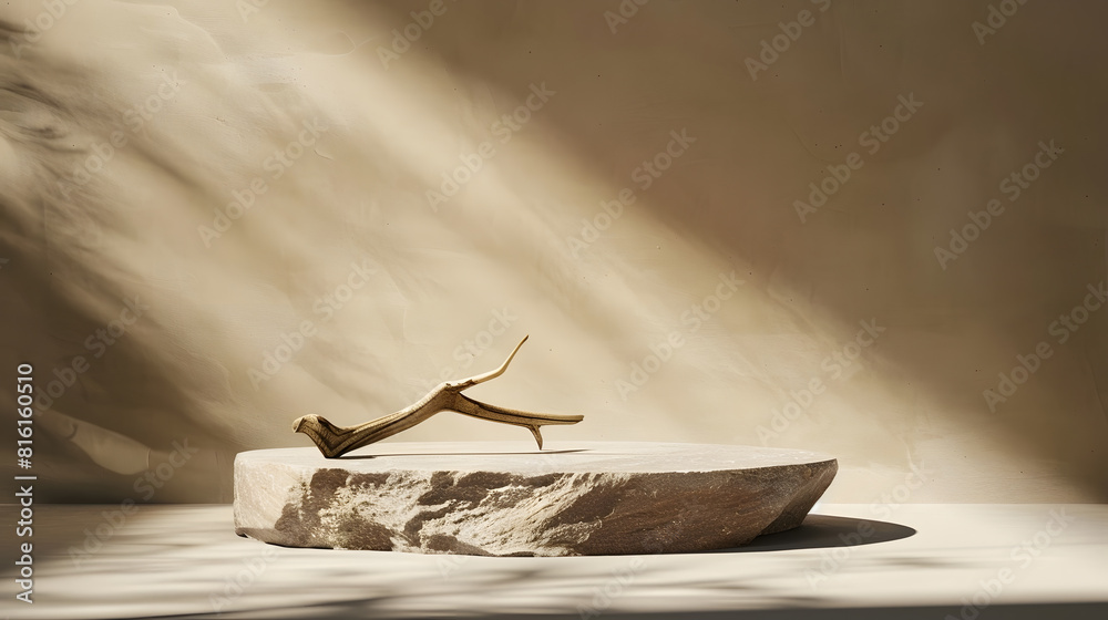 Poster empty stone podium with lights and shadows on brown background minimal backdrop round natural rock a