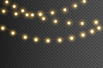 Christmas lights isolated. Glowing garlands on transparent dark background. Realistic luminous elements. Bright light bulbs for poster, card, brochure or web. Vector illustration