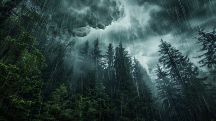 A dramatic forest landscape with dark clouds overhead and rain pouring down on ancient, towering trees.