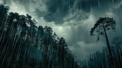 Fototapeta premium A dramatic forest landscape with dark clouds overhead and rain pouring down on ancient, towering trees.