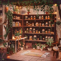 A magical potion shop with shelves of colorful, bubbling elixirs, a captivating scene that brings to life the allure