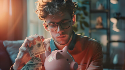 Young non binary man business worker emptying piggy bank at office : Generative AI - Powered by Adobe