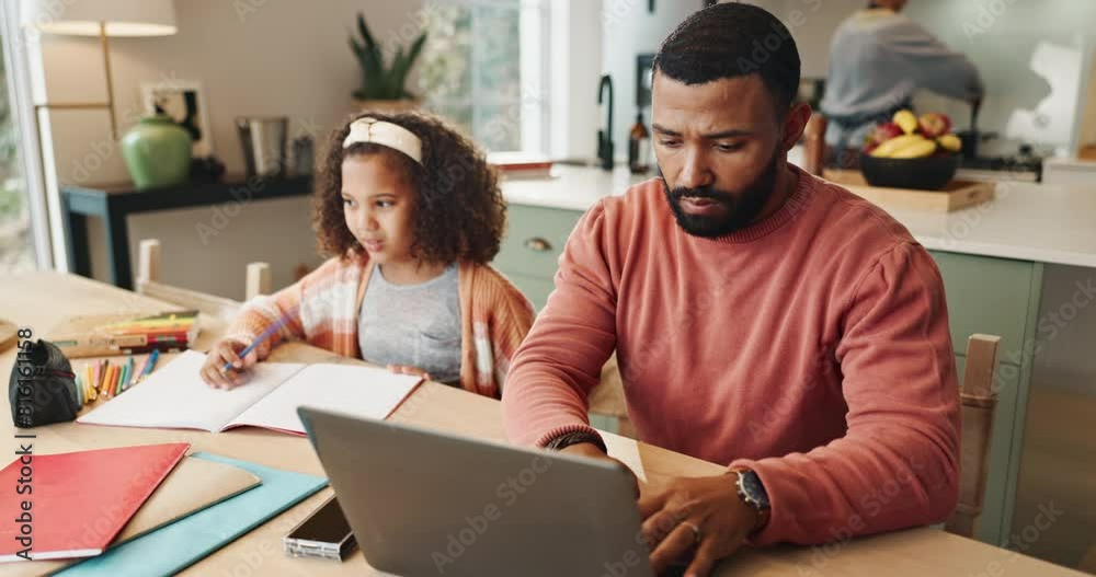 Poster education, problem solving and remote work with family in dining room of home for learning or startu