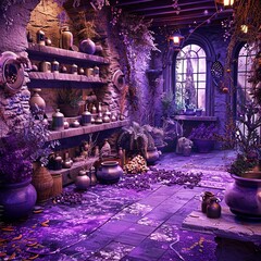 A magical potion shop with shelves of colorful, bubbling elixirs, a visual feast that captures the whimsical charm of a world steeped in magic and mystery.