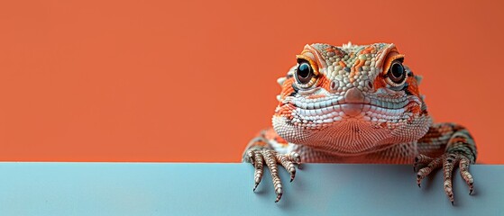 A cheerful reptile playfully hides behind a shiny banner against a soft coral backdrop