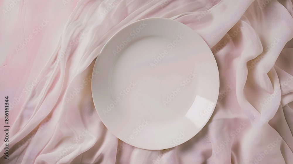 Fototapete Top view on colored background empty round white plate on tablecloth for food Empty dish on napkin with space for your design : Generative AI