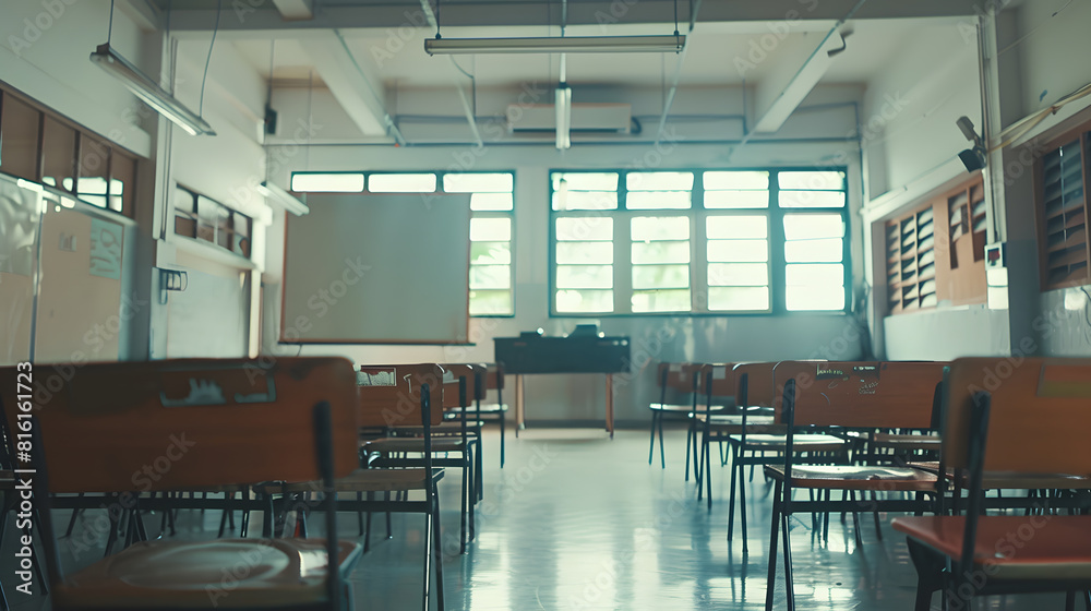 Poster lecture room or school empty classroom with desks and chair iron wood for studying lessons in high s