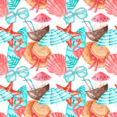 Sea holidays watercolor seamless pattern. Sea, tropics, travel, tourism. Summer vacation. Starfish, shell, sunglasses, surfboard, cocktail, hat, beach umbrella. White background. For printing 