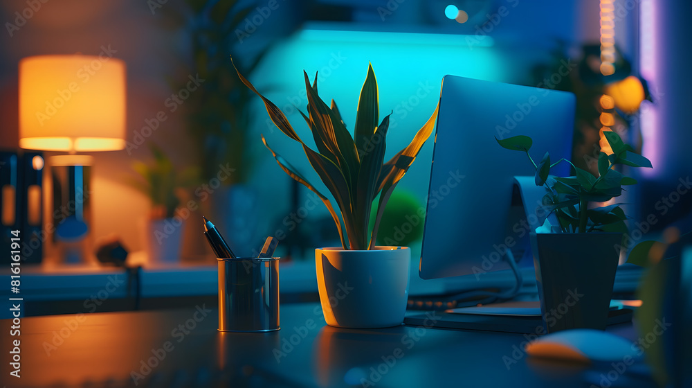 Poster Desk workspace  Business Objects in the office on black table background : Generative AI