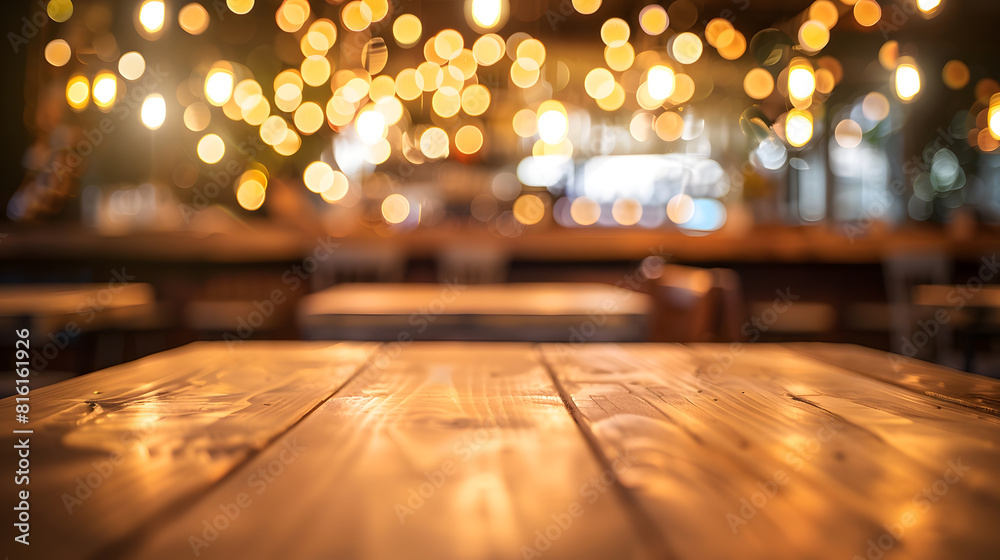 Poster Empty wooden table top with lights bokeh on blur restaurant background : Generative AI