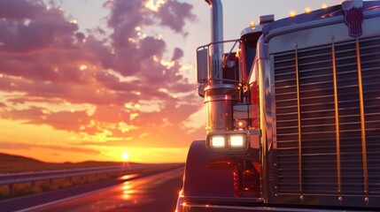 A close-up of a semi truck's front grill driving down the highway at sunset, highlighting its power and strength a reliable workhorse. AI Generative. hyper realistic 