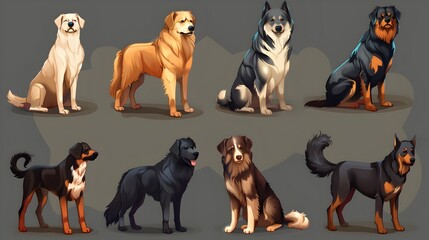Diverse Domestic Canine Breeds Illustrated in Vibrant Colors and Textures