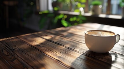 Fototapeta na wymiar A latte resting on a wooden table, ample space around for a serene coffee experience, AI Generative hyper realistic 