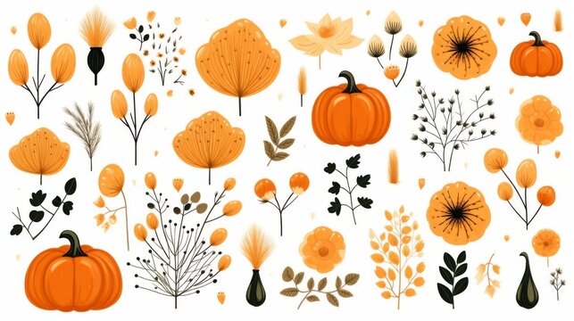 A collection of flat design vector graphics featuring various autumn symbols like pumpkins and leaves