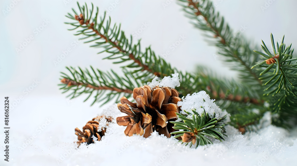 Poster branches green spruce with cones on snow on white background : generative ai