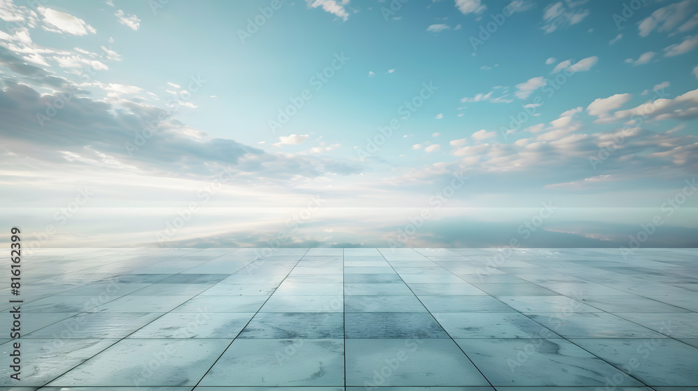Poster empty square floor and lake with sky cloud landscape : generative ai