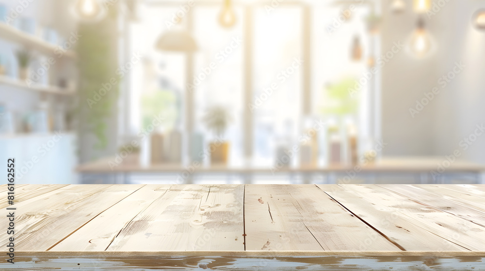 Poster empty wooden table on background of abstract blur white interior montage product display inside and window : Generative AI