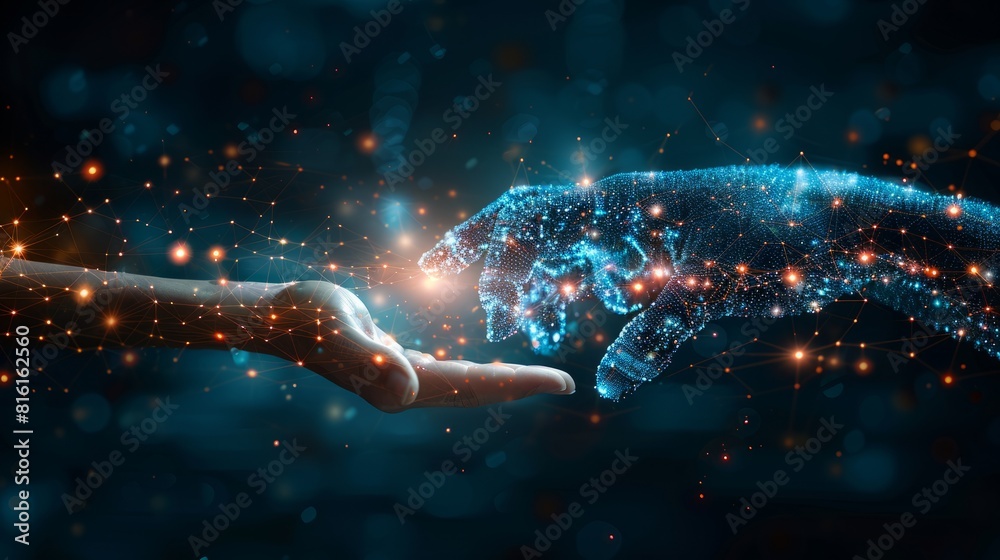 Poster abstract background of hands touching digital transformation virtual screen. technology connection d
