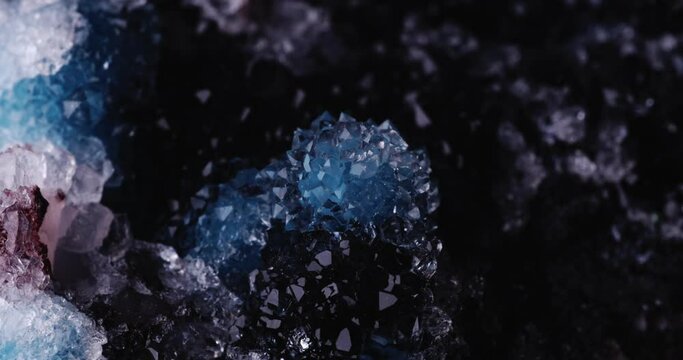 quartz on blue shattuckite footage. From Khorixas, Namibia macro photography detail texture background. close-up raw rough unpolished semi-precious gemstone 