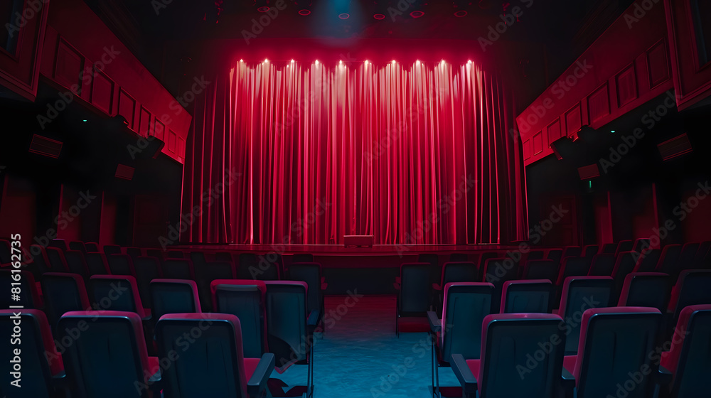 Aufkleber Darkened empty movie theatre and stage with the red curtains drawn viewed over rows of vacant seats from the rear : Generative AI