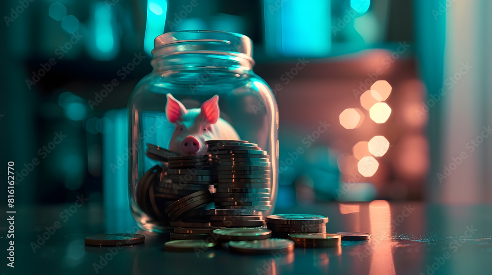 Poster Background of coins stacks in pig jar with empty label banner profession business saving plan for family invest longterm in retirement real estate wealth management investment : Generative AI