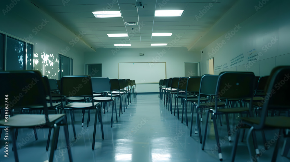 Poster Wide angle shot of a university classroom with rows of chairs and desks : Generative AI