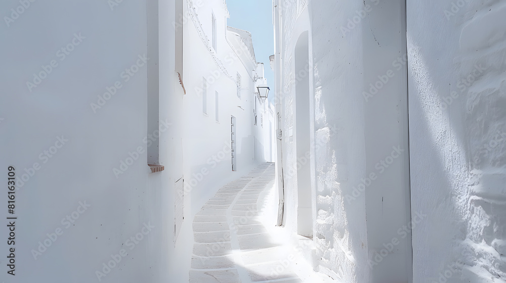 Poster A vertical shot of a narrow pathway in the middle of white buildings : Generative AI