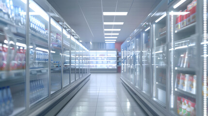 Empty supermarket aisle with freezers showcases with different products : Generative AI
