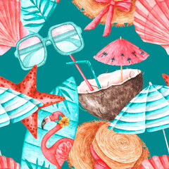 Sea trip watercolor seamless pattern. Sea, tropics, travel, tourism. Summer vacation. Starfish, shell, sunglasses, surfboard, cocktail, hat, beach umbrella. Blue background. For printing on fabric