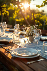 Fototapeta premium Stunning table arrangement for a wedding of festive event against a breathtaking backdrop of vineyards on summer sunset.